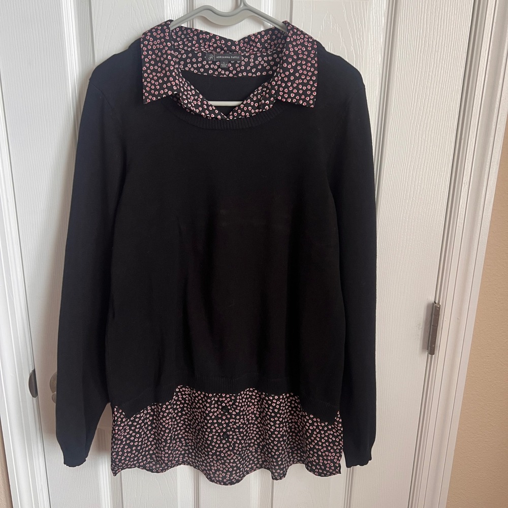 Adrianna Papell Black Sweater Knit Blouse Combo Floral Print Collar Hem Womens L